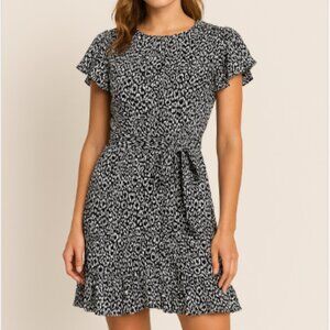 Michael Kors Black White Belted Faux Wrap Dress w/Ruffle Hem, Short Sleeve - MED